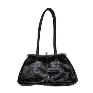 1990s Vintage Nine West Black Croc Faux Leather Hand Bag Shoulder Bag Retro